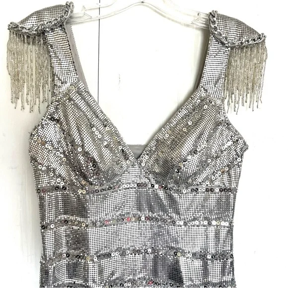 162. BASIX Black Label Silver Metallic Cochella Style Mini Dress •2 - Picture 5 of 16